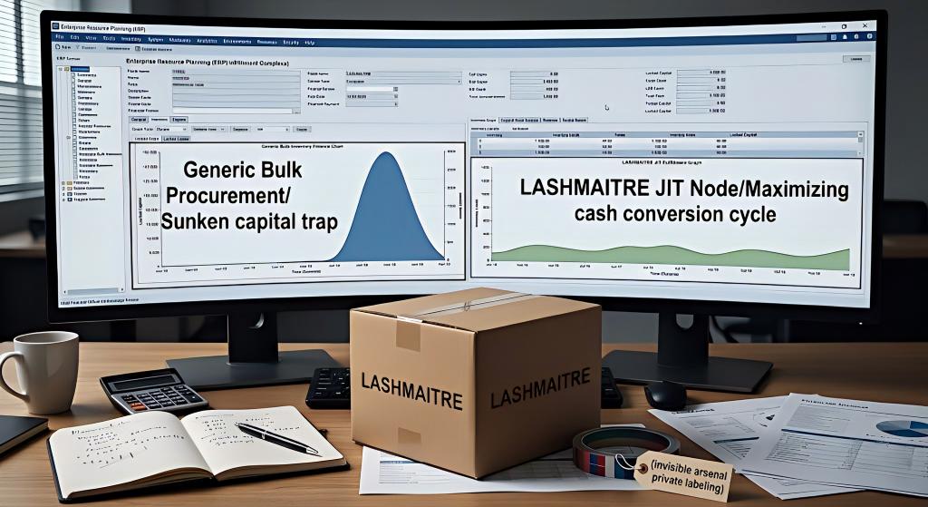 A wide-angle shot of a CFO's desk in Saratoga Springs. An ERP monitor compares a 'Generic Bulk Procurement/Sunken capital trap' peak to a smooth 'LASHMAITRE JIT Node' graph. A LASHMAITRE JIT box and an invisible arsenal private labeling master color ring sit in the foreground. Discover how this efficiency impacts our top-rated eyelash extensions reviews