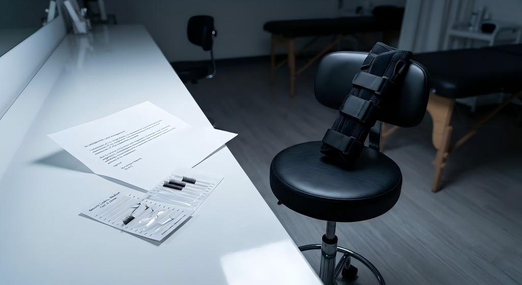 A stark, high-resolution B2B photograph looking down at an empty master technician's workstation in a Fairfield, CT lash salon after hours. A resignation letter and a partially used, cheap generic tray for eyelash extensions fairfield ct sit on a gleaming white counter. Crucially, a heavy-duty orthopedic wrist brace is draped over the back of the technician's empty ergonomic stool, illustrating the business implications of technician injury and retention.
