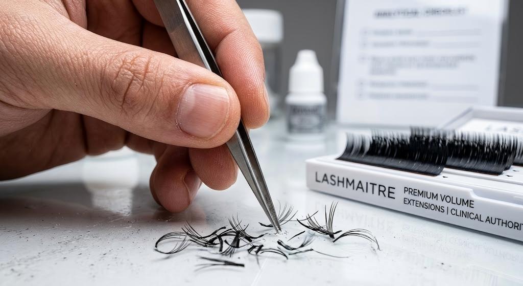 Macro view of a technician's strained hand gripping tweezers, contrasting scattered, split competitor lashes against a pristine LASHMAITRE tray.
