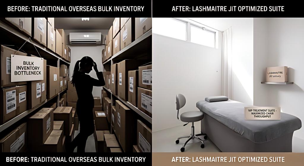 A split-screen comparison showing a dark storage room cluttered with bulk lash boxes (left) versus a renovated, brightly lit VIP lash suite with a single LASHMAITRE JIT delivery box (right).