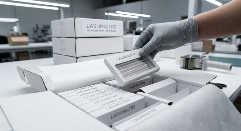 "A macro photograph of a gloved technician meticulously aligning ultra-fine 0.05mm virgin PBT eyelash extension fibers on a factory production tool. This extreme precision and focus on raw material purity ensures a product with the highest safety standards, essential for discussions regarding safe application during delicate client periods, such as pregnancy."