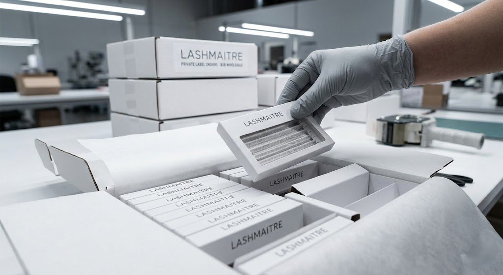 "A macro photograph of a gloved technician meticulously aligning ultra-fine 0.05mm virgin PBT eyelash extension fibers on a factory production tool. This extreme precision and focus on raw material purity ensures a product with the highest safety standards, essential for discussions regarding safe application during delicate client periods, such as pregnancy."