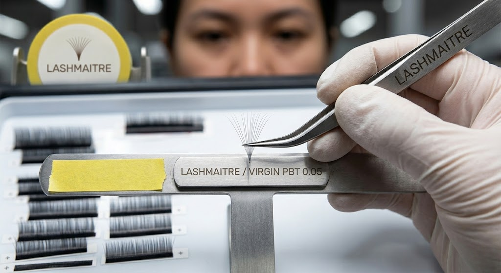 "A macro photograph of a gloved technician meticulously aligning ultra-fine 0.05mm virgin PBT eyelash extension fibers on a factory production tool. This extreme precision and focus on raw material purity ensures a product with the highest safety standards, essential for discussions regarding safe application during delicate client periods, such as pregnancy."