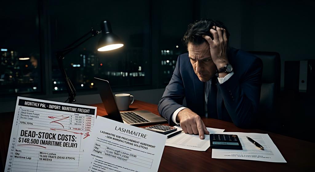 A highly cinematic, low-key lighting photograph of a Chief Financial Officer aggressively reviewing a bleak P&L spreadsheet alongside a LASHMAITRE B2B procurement contract, calculating the devastating dead-stock costs associated with importing micro-length inventory via maritime freight