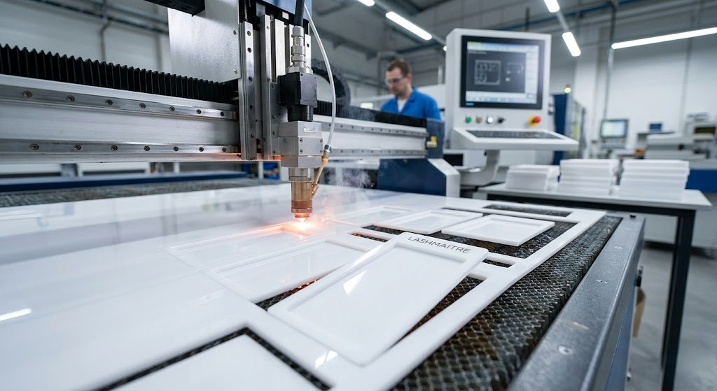 Industrial CNC laser cutting machine precision slicing white acrylic sheets to manufacture a high-quality eyelash extension tray holder in an OEM B2B factory.