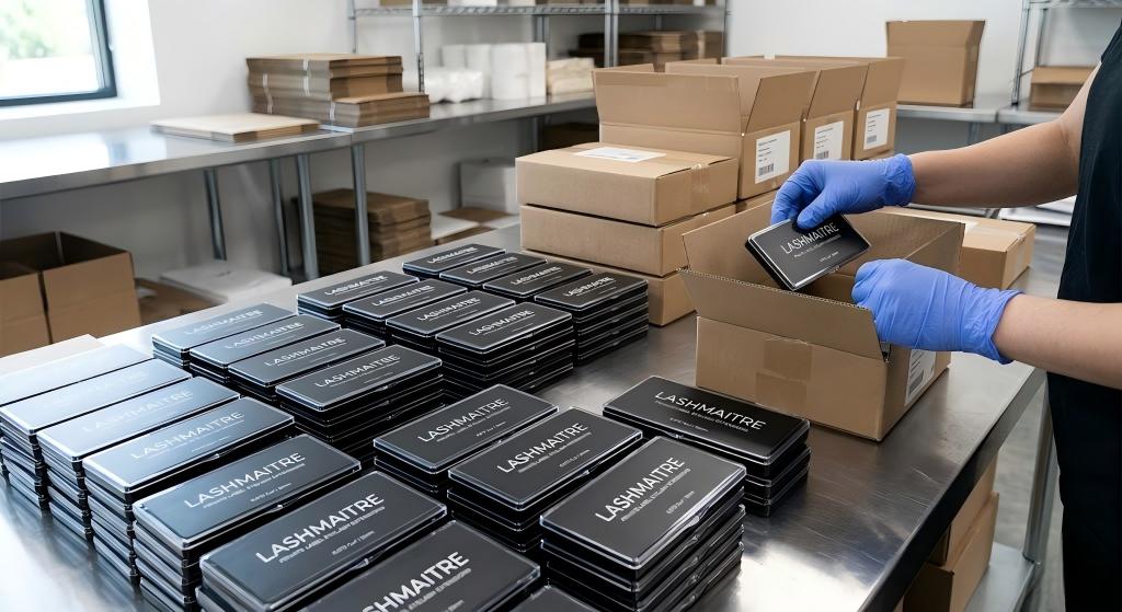 Stacks of custom minimalist black LASHMAITRE private label eyelash extensions columbia mo trays, featuring professional text-only branding, being meticulously packed by a gloved quality control worker for wholesale B2B shipment.