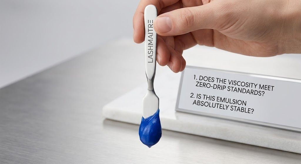 A close-up demonstration showing the absolute zero-drip viscosity of a professional blue eyelash extension removal cream held completely upside down on a metal spatula.