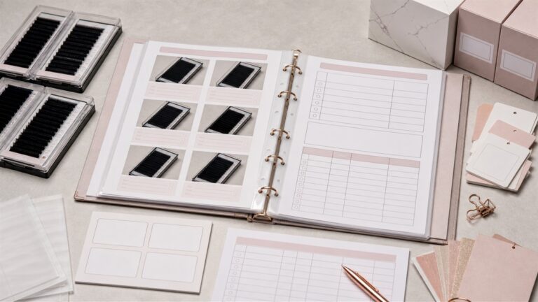 Approved lash sample records binder beside eyelash extension trays