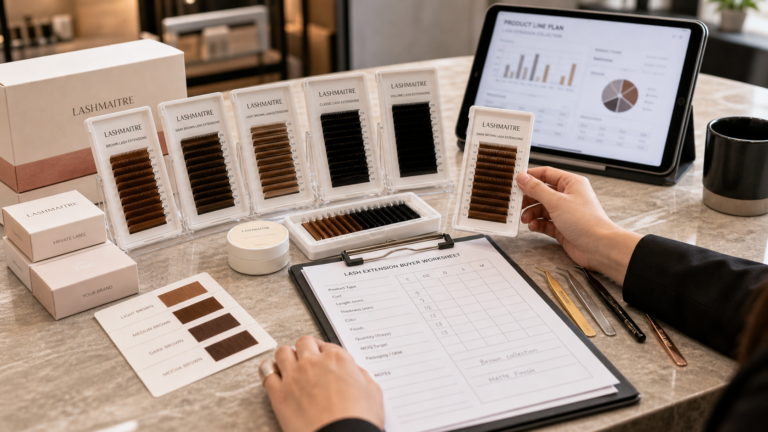 LASHMAITRE brown eyelash extensions SKU planning scene with brown lash trays, black classic trays, private label packaging, swatch cards, and buyer worksheet.
