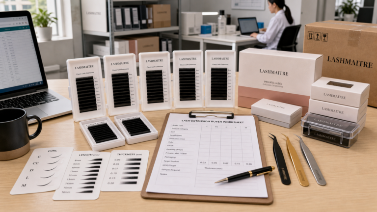 LASHMAITRE classic eyelash extensions sourcing desk with classic lash trays, curl cards, thickness cards, tweezers, packaging samples, and buyer worksheet.