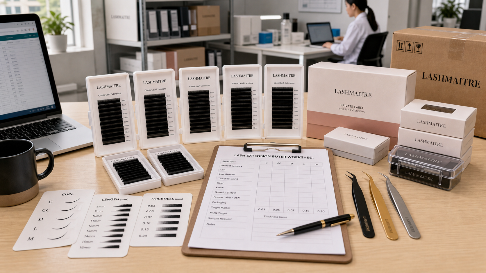 LASHMAITRE classic eyelash extensions sourcing desk with classic lash trays, curl cards, thickness cards, tweezers, packaging samples, and buyer worksheet.