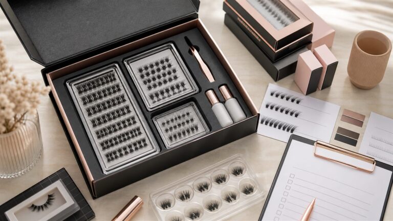 LASHMAITRE cluster lashes wholesale sample kit with cluster trays tools packaging and SKU cards