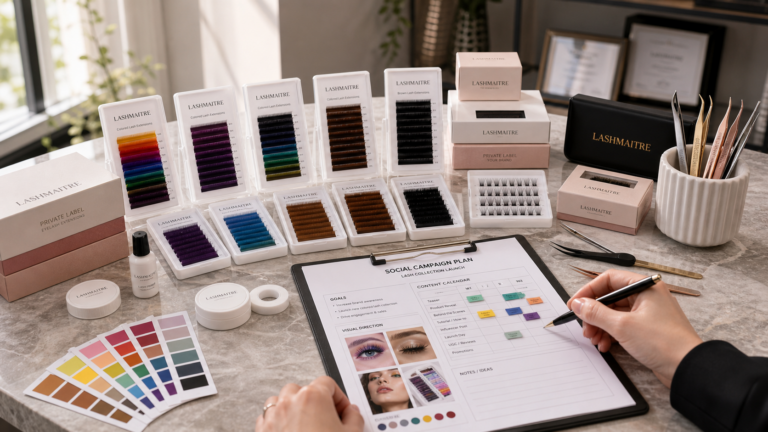 LASHMAITRE colored eyelash extensions product planning scene with colored lash trays, swatch cards, private label packaging, and buyer worksheet.