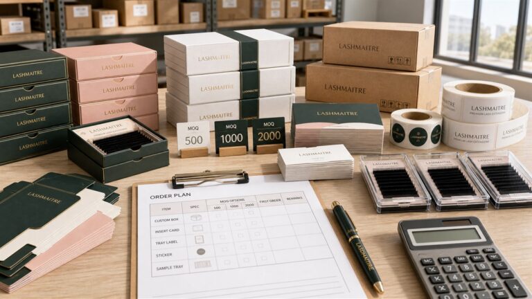 Custom lash boxes MOQ planning desk with lash boxes inserts tray labels quantity notes and sample packaging