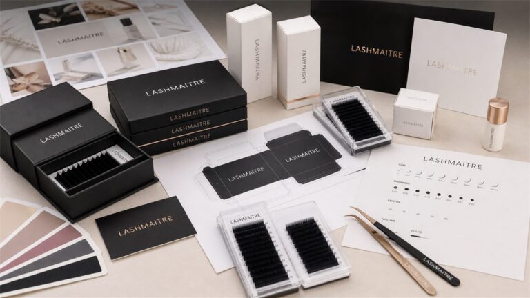 LASHMAITRE OEM lash manufacturer sourcing desk with lash trays QC checklist and packaging samples