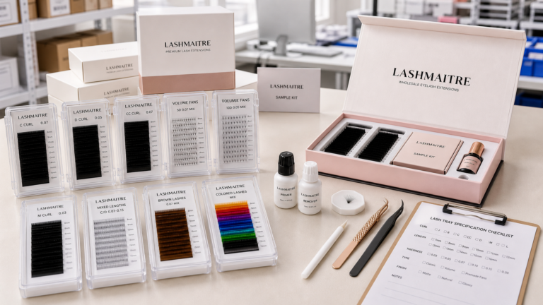 LASHMAITRE eyelash extension trays wholesale buying guide with classic trays, volume trays, premade fans, mixed trays, private label boxes, and tray specification checklist.