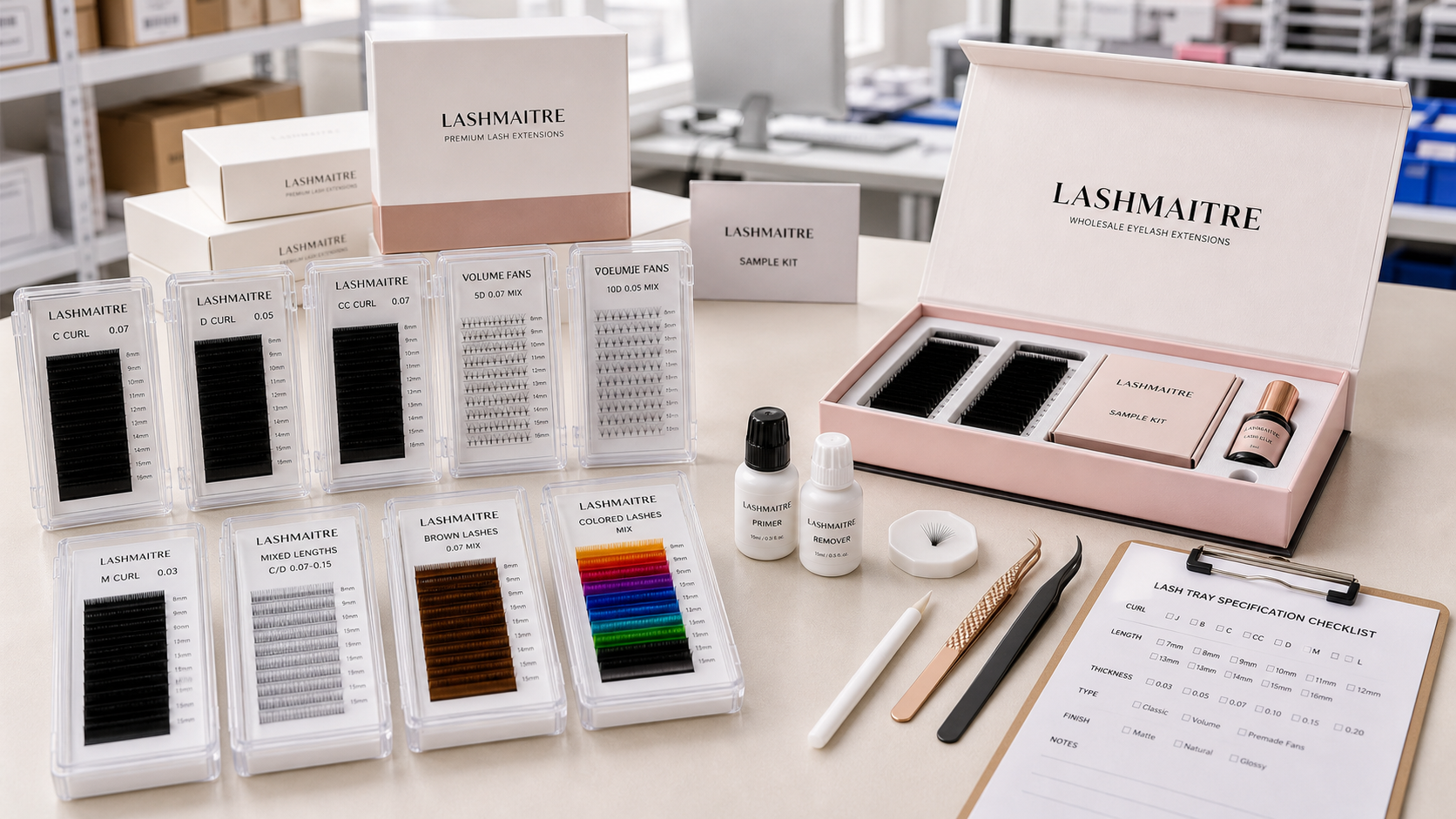 LASHMAITRE eyelash extension trays wholesale buying guide with classic trays, volume trays, premade fans, mixed trays, private label boxes, and tray specification checklist.
