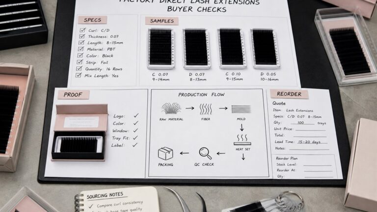 Factory direct lash extensions buyer checks board with sample trays production flow quote sheet and sourcing notes
