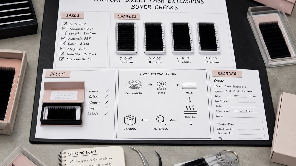 Factory direct lash extensions buyer checks board with sample trays production flow quote sheet and sourcing notes