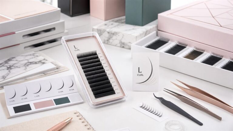 L curl eyelash extensions wholesale planning desk with curl trays comparison cards and packaging samples