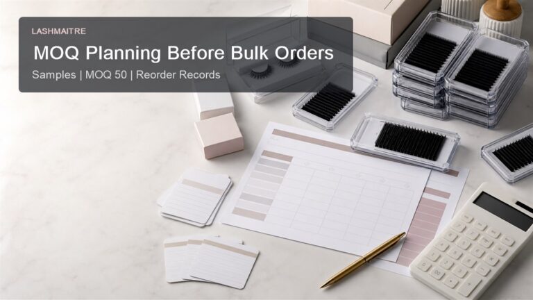 Lash extension MOQ guide planning desk with sample trays MOQ 50 note packaging samples and reorder sheet