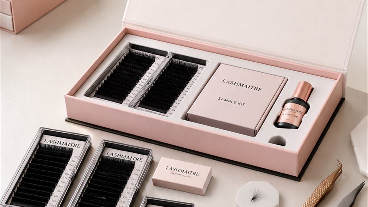 LASHMAITRE lash extension samples kit with trays glue and order checklist