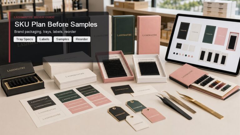 Lash extension SKU planning guide desk with lash trays labels sample cards and reorder records