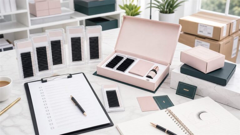 LASHMAITRE lash extension supplier planning desk with trays samples packaging and sourcing checklist