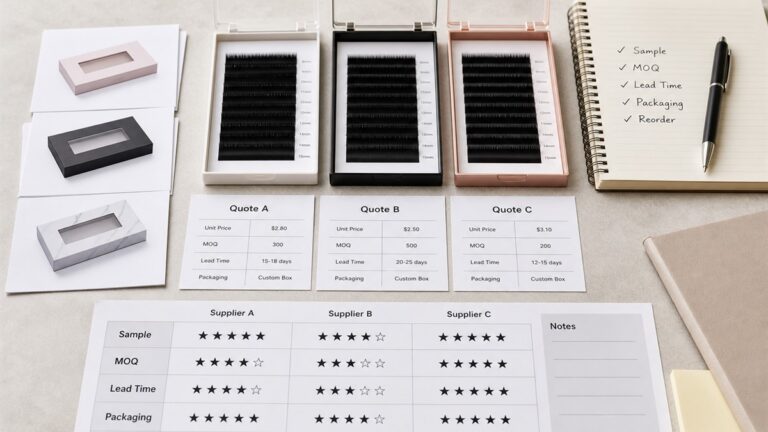 Lash supplier comparison matrix with sample trays quote sheets MOQ notes packaging proof and scoring columns