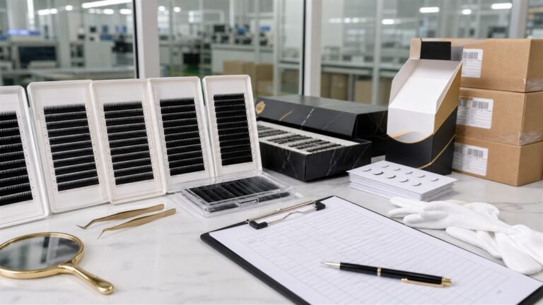LASHMAITRE bulk eyelash extensions warehouse order with lash trays cartons SKU labels and approved samples