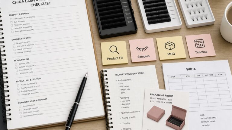 Lash manufacturer in China checklist desk with sample trays factory communication records quote notes and packaging proof