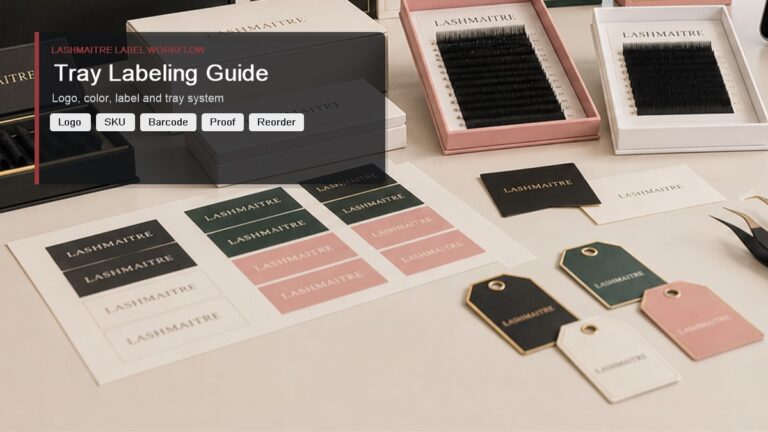 Lash tray labeling guide desk with private label tray labels SKU sheet barcode note and artwork proof