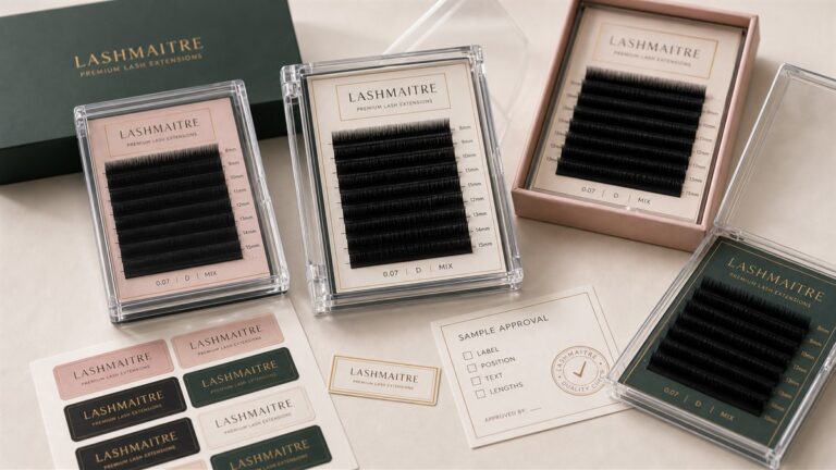 Lash tray logo labels on private label lash trays with branded packaging and approval notes