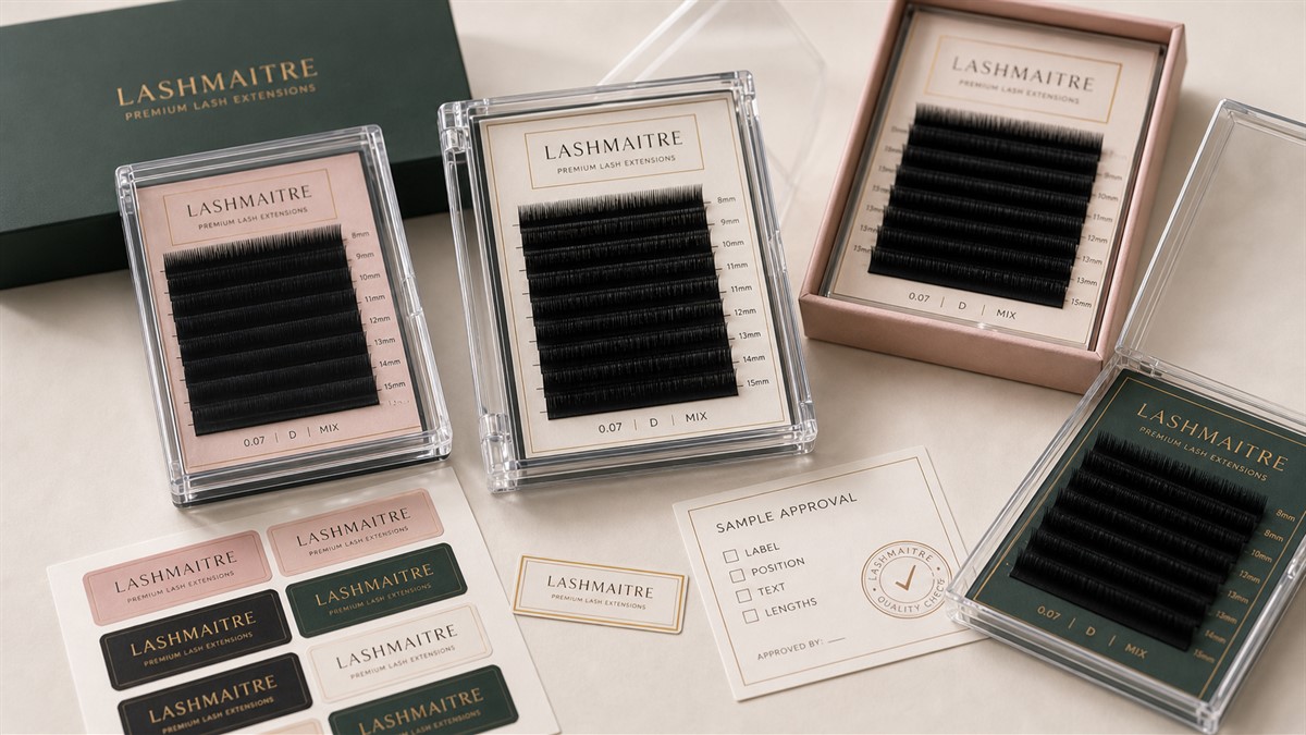 Lash tray logo labels on private label lash trays with branded packaging and approval notes