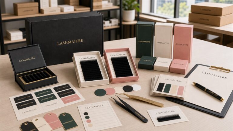 Low MOQ private label lashes with LASHMAITRE branded trays boxes labels and customization notes