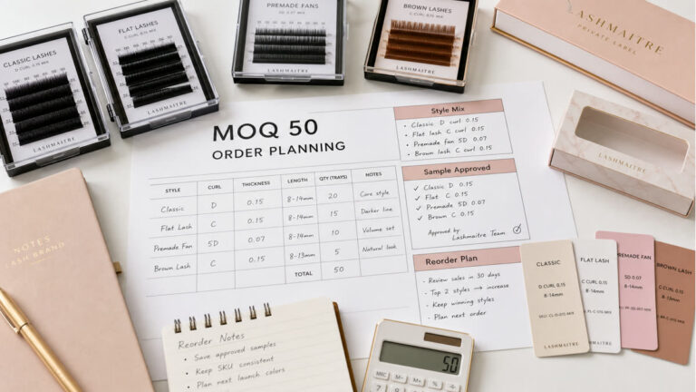 MOQ 50 lash order planning desk with starter lash styles samples packaging and reorder notes