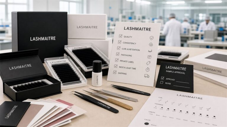 LASHMAITRE custom lash packaging design table with matte black boxes lash trays and foil logo samples