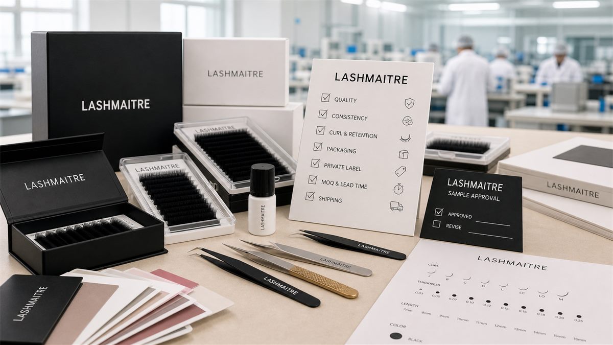 LASHMAITRE custom lash packaging design table with matte black boxes lash trays and foil logo samples