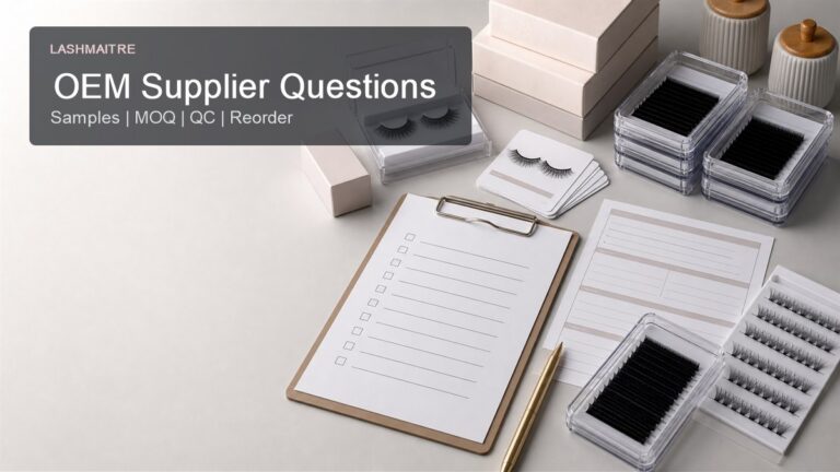 OEM lash supplier questions checklist with lash trays packaging samples and wholesale inquiry form