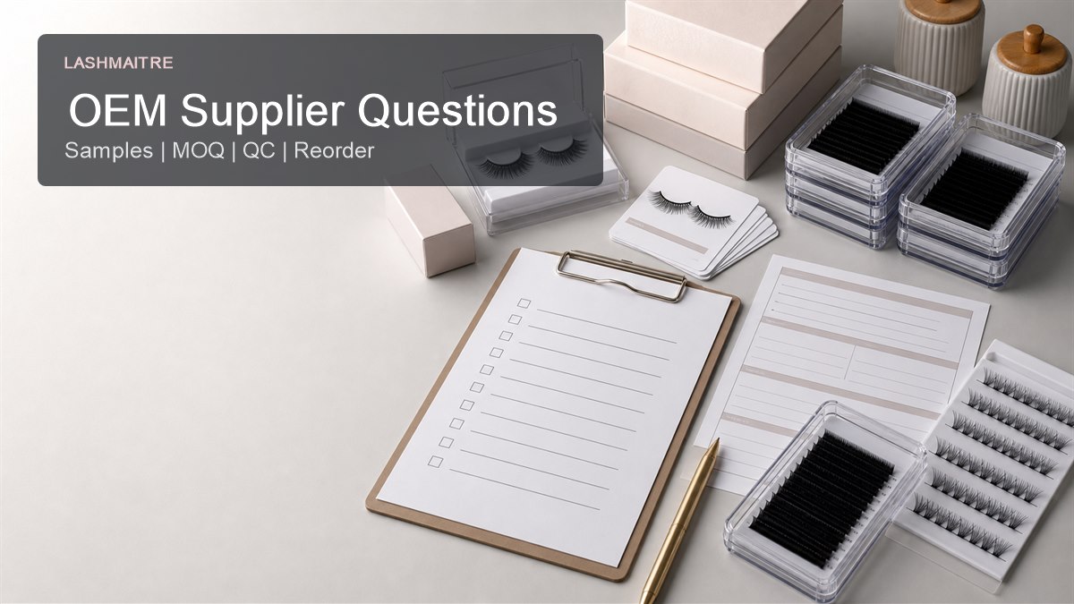 OEM lash supplier questions checklist with lash trays packaging samples and wholesale inquiry form