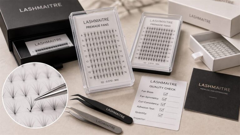 LASHMAITRE premade fan lashes wholesale tray with fan detail tweezers packaging samples and QC card