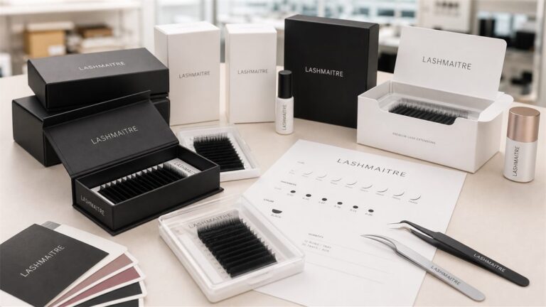 LASHMAITRE private label lash extensions planning desk with branded lash trays and OEM packaging samples
