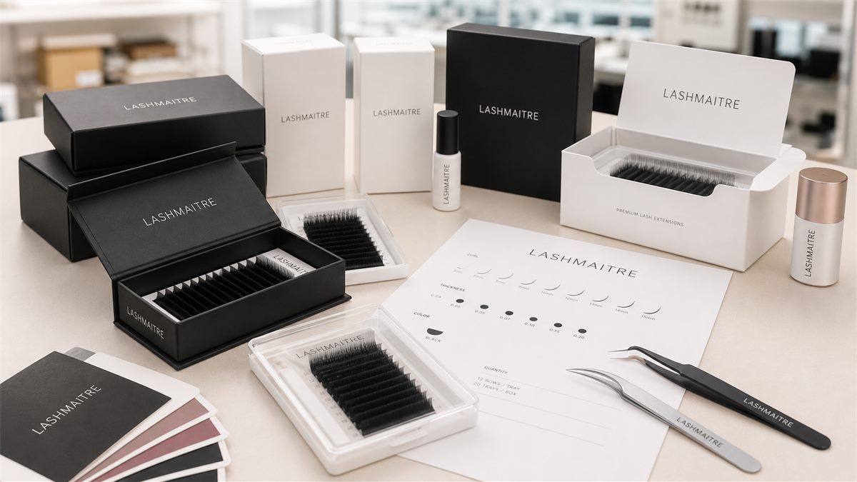LASHMAITRE private label lash extensions planning desk with branded lash trays and OEM packaging samples