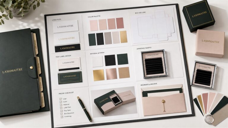 Private label lash packaging design brief desk with branded boxes tray labels logo files and production checklist