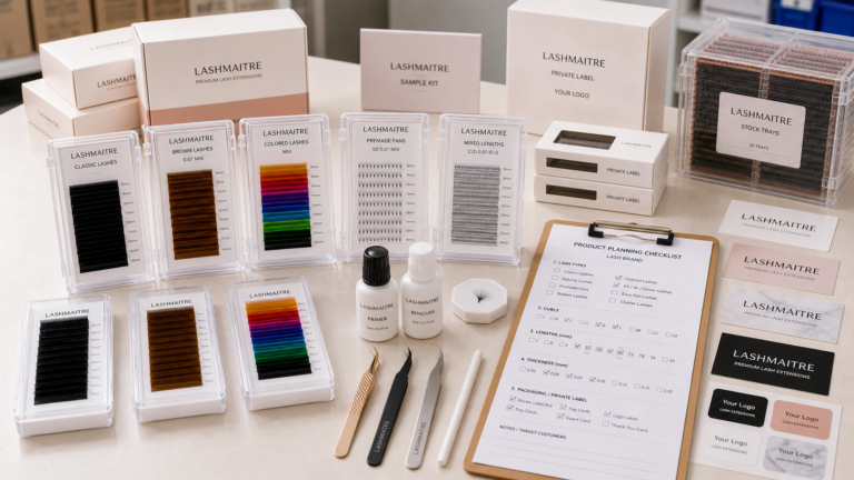 LASHMAITRE wholesale product planning desk showing types of eyelash extensions, lash trays, private label packaging, sample boxes, and buyer checklist.