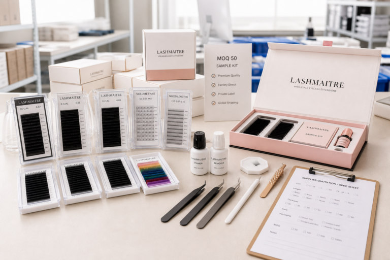 LASHMAITRE wholesale eyelash extensions buying guide with sample kit, lash trays, private label packaging, glue, tweezers, and supplier checklist.