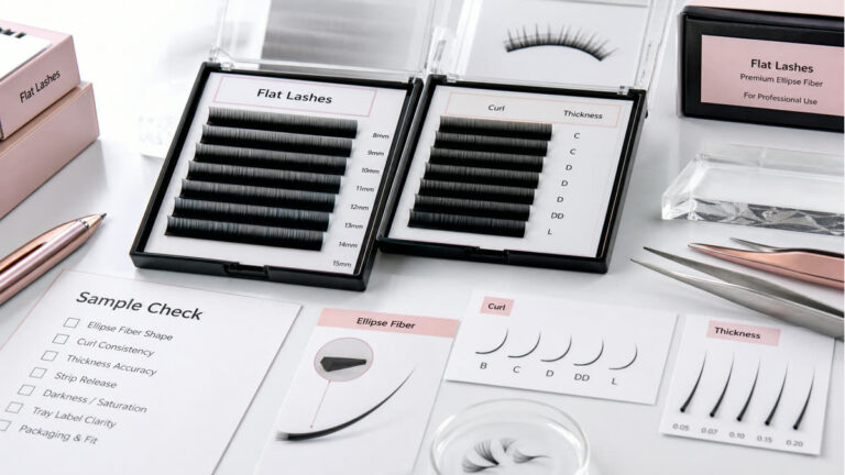 Flat lash sample check before wholesale orders with ellipse profile tray labels and packaging notes