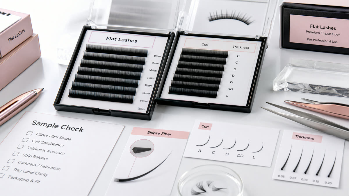 Flat lash sample check before wholesale orders with ellipse profile tray labels and packaging notes