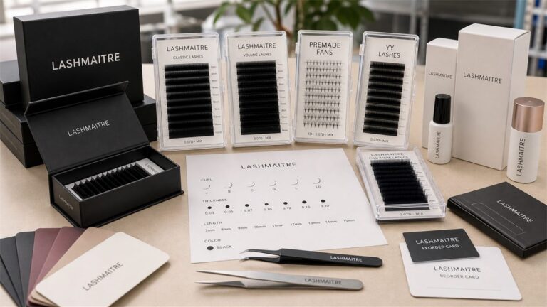 LASHMAITRE wholesale lash trays with curl thickness length spec sheet and reorder cards