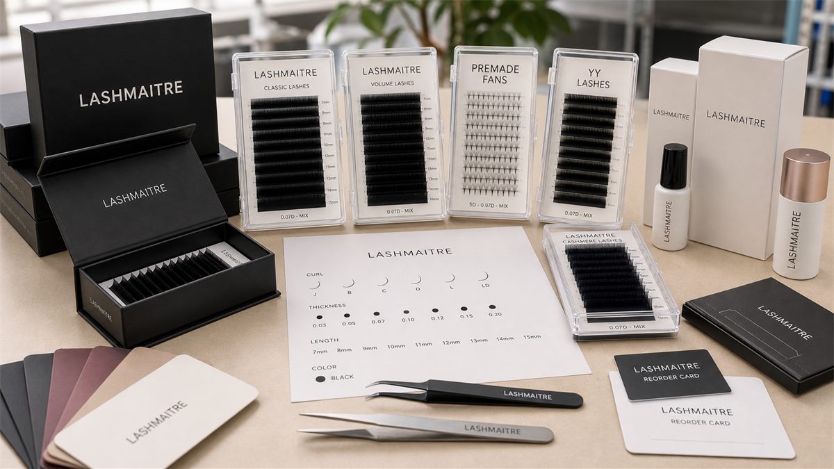 LASHMAITRE wholesale lash trays with curl thickness length spec sheet and reorder cards